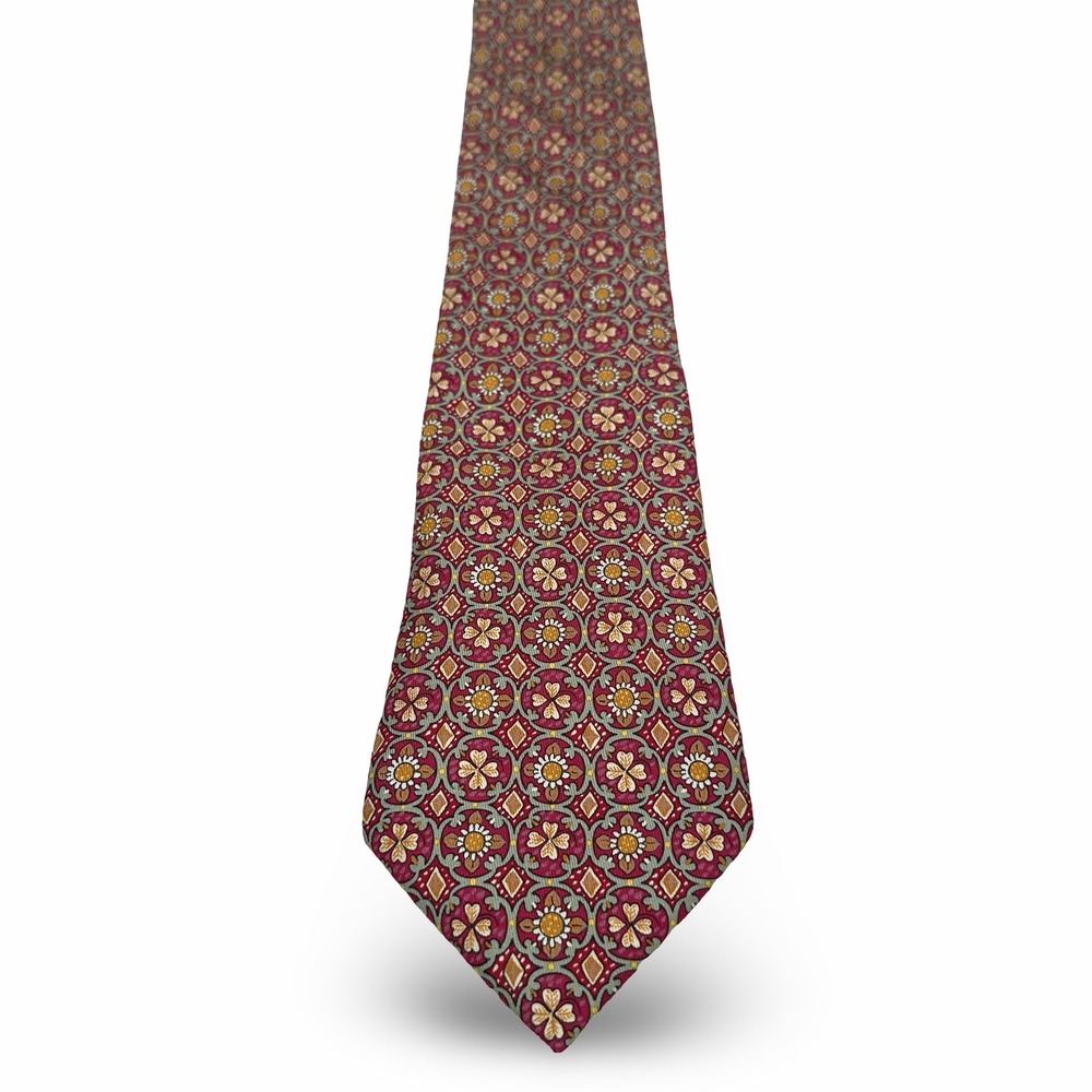 Hermes Paris Silk Tie Burgundy‎ Gold Gray Floral Medallion Geometric France
